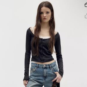 Pull and Bear Layered Long Sleeve Ribbed Top with White Bow Tank Top